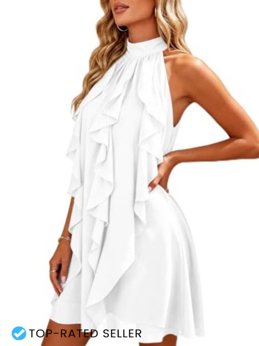 Womens Y2k Halter Mini Dress Sleeveless Ruffle Going Out Club